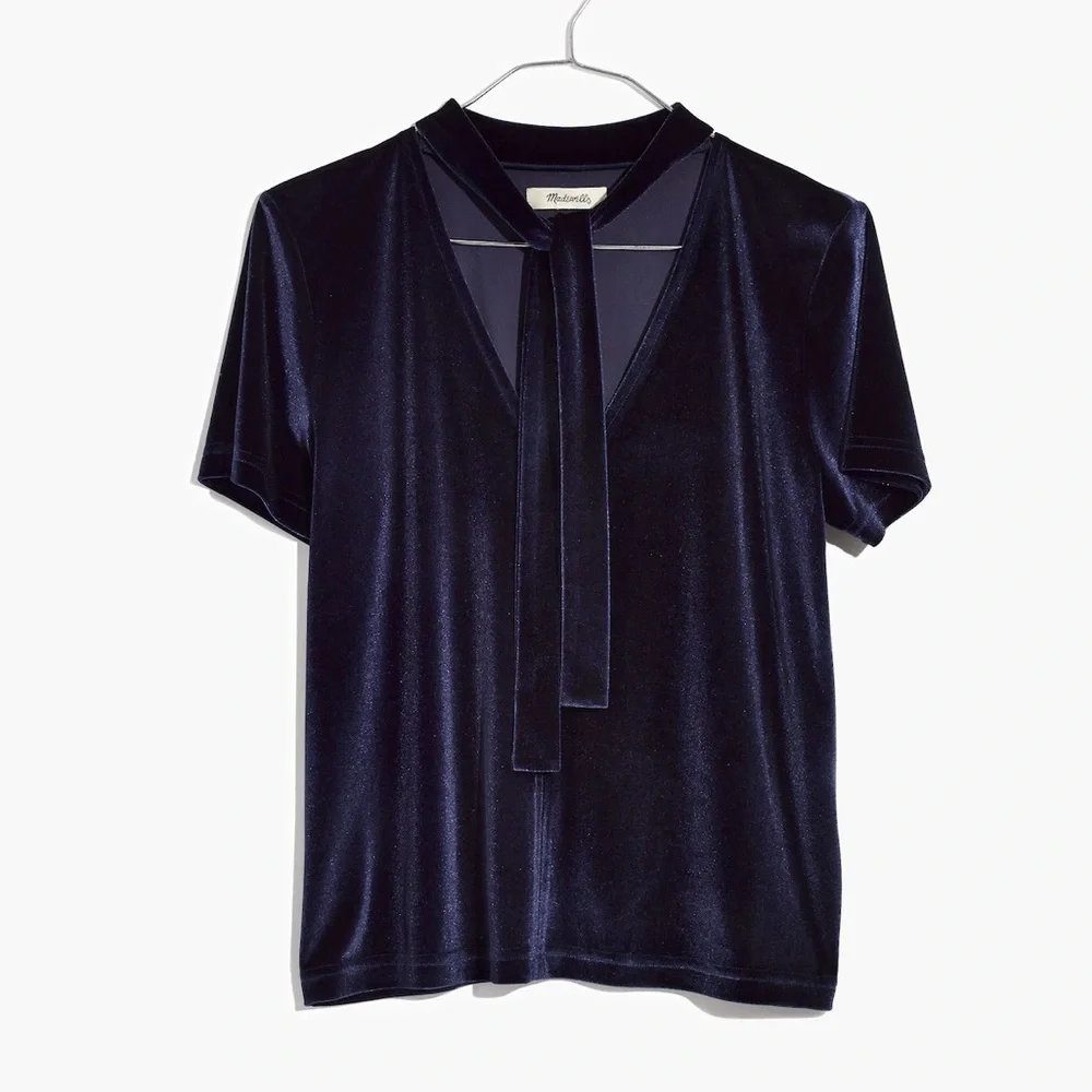 Madewell Velvet Tie Neck Top Nightfall Blue Size Small